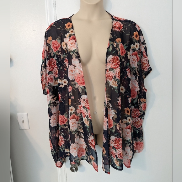 Women's Floral Print Puff Sleeve Kimono Chiffon Loose Cover Up - Size Small - Picture 2 of 12